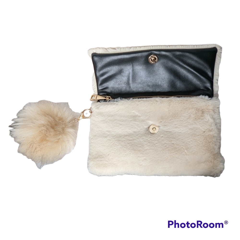 Faux Fur Crossbody Bag With Pom Detachable Gold Crossbody Chain Off White - Picture 4 of 13